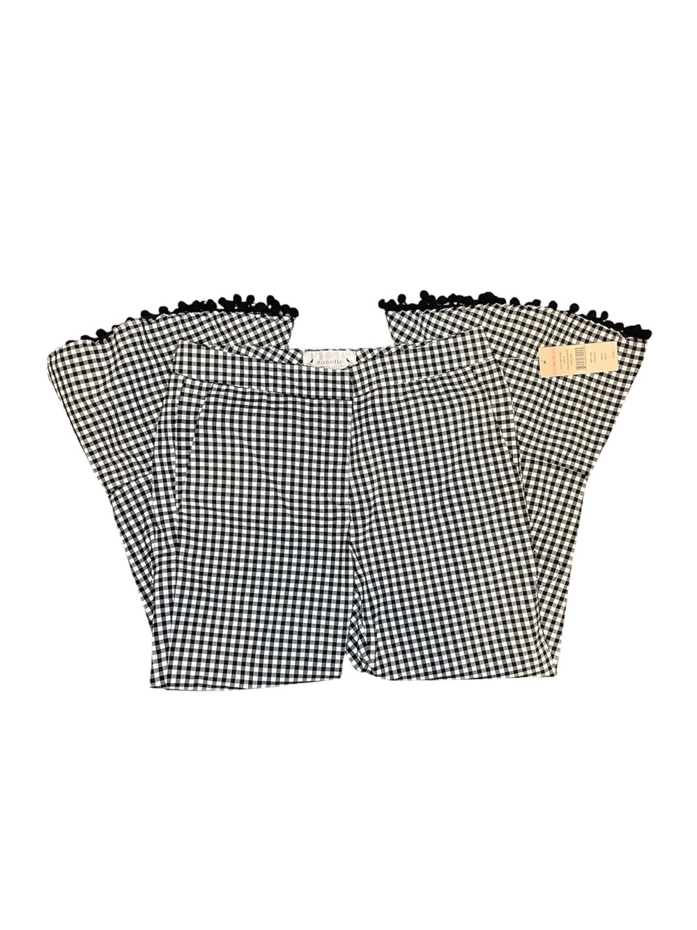 Nanette Lepore Black & White Gingham Wide Leg Pants with Pom Trim